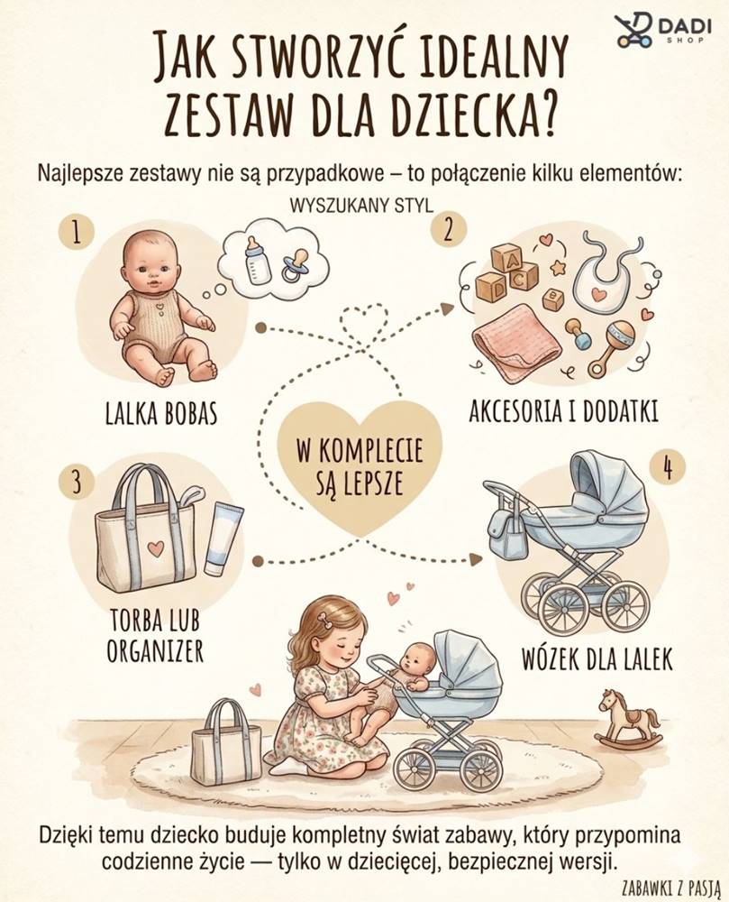 Zestaw do zabawy w opiekuna – lalka bobas, wózek dla lalek oraz pasujące zabawki i dodatki.